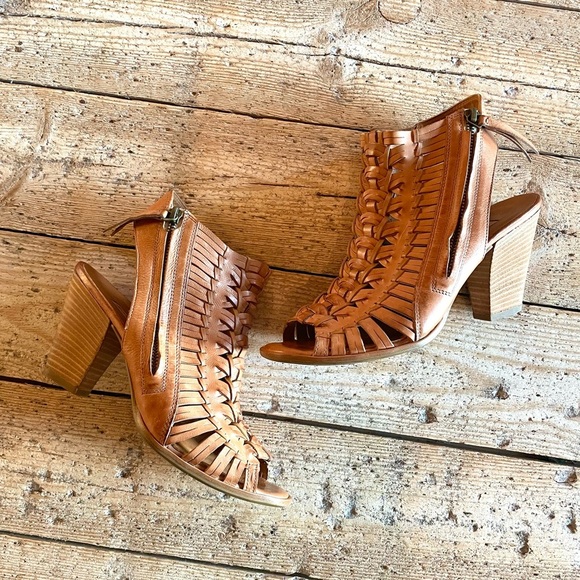 Paul Green Miranda Tan Leather Woven Peep Toe Booties Block Heel US 8 UK 5.5 - Picture 3 of 12